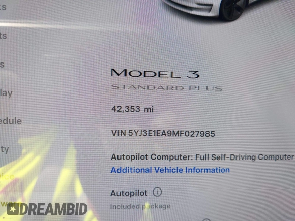 2021 Tesla Model 3 Standard Range Plus z VIN 5YJ3E1EA9MF027985, wystawiony jako IAAI lot #42045254 z przebiegiem 42 353 mil mil oraz . Historia ofert i sprzedaży dostępna na DreamBid. Obrazek 15.