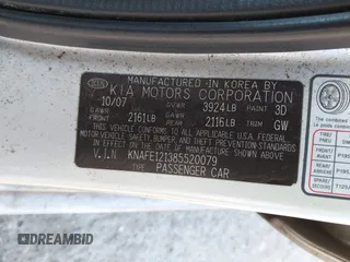 2008 Kia Spectra SX with VIN KNAFE121385520079, listed as a IAAI auction lot 42029299 with 138,835 mi miles. Bid and sale history available at carsss.com. Image 9.