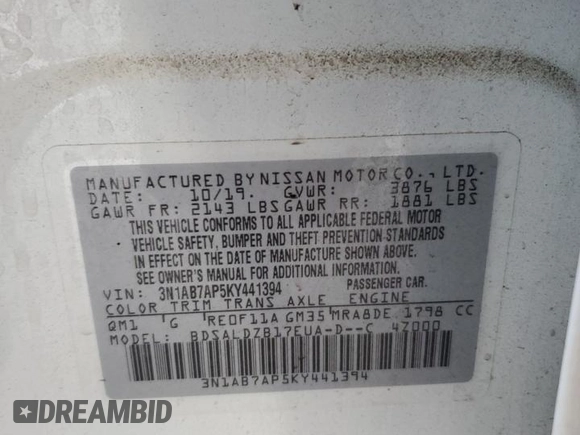 2019 Nissan Sentra SV with VIN 3N1AB7AP5KY441394, listed as a Copart auction lot 47825435 with 64,052 mi miles and Salvage Title. Bid and sale history available at DreamBid. Image 14.