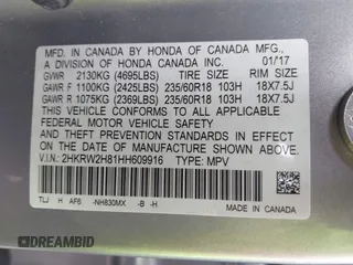 2017 Honda CR-V EX-L with VIN 2HKRW2H81HH609916, listed as a IAAI auction lot 41856345 with 125,167 mi miles. Bid and sale history available at carsss.com. Image 9.