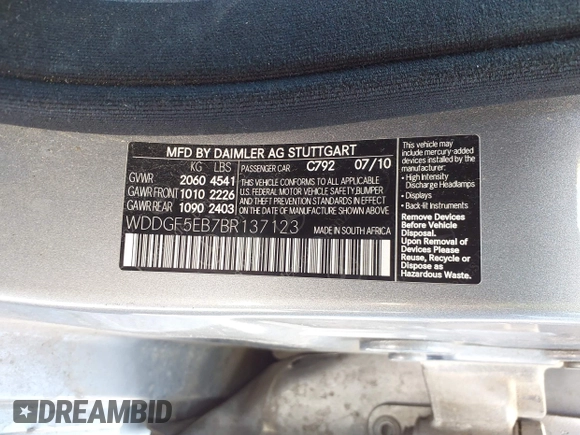 2011 Mercedes-Benz C-Class C 300 Sport with VIN WDDGF5EB7BR137123, listed as a IAAI auction lot 42058707 with 248,860 mi miles. Bid and sale history available at carsss.com. Image 9.