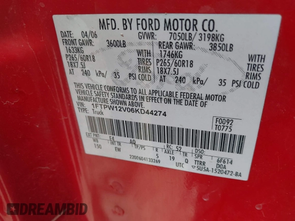 2006 Ford F-150 XLT с VIN 1FTPW12V06KD44274, выставлен на аукционе IAAI как лот 42633037 с пробегом 298 345 миль миль и . История ставок и продаж доступна на DreamBid. Изображение 9.