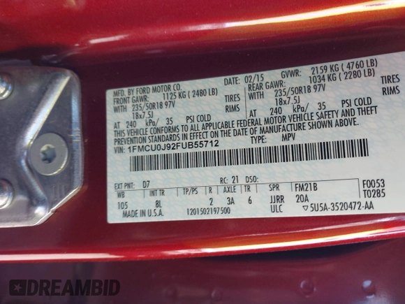 2015 Ford Escape Titanium with VIN 1FMCU0J92FUB55712, listed as a IAAI auction lot 41627867 with 156,438 mi miles. Bid and sale history available at carsss.com. Image 9.