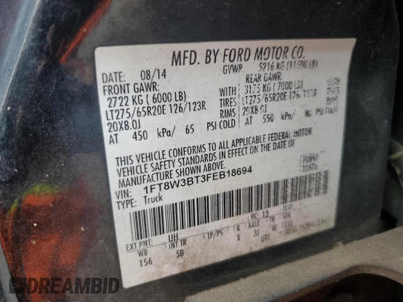 2015 Ford F-350 Platinum с VIN 1FT8W3BT3FEB18694, выставлен на аукционе Copart как лот 64398435 с пробегом 161 556 миль миль и Списание • Salvage title. История ставок и продаж доступна на DreamBid. Изображение 12.