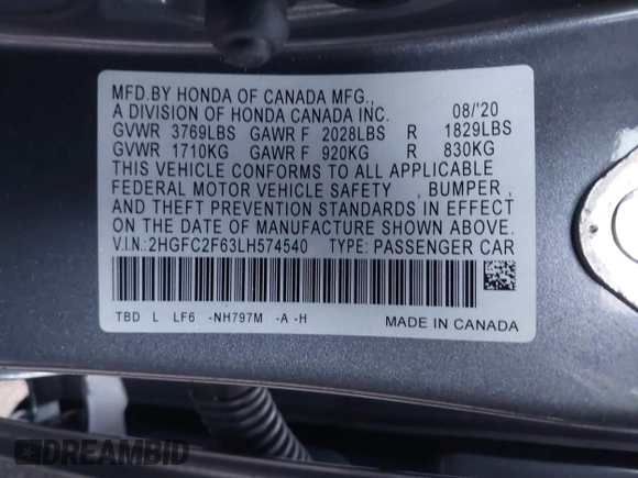 2020 Honda Civic Sedan LX with VIN 2HGFC2F63LH574540, listed as a IAAI auction lot 40927929 with 91,138 mi miles. Bid and sale history available at carsss.com. Image 9.