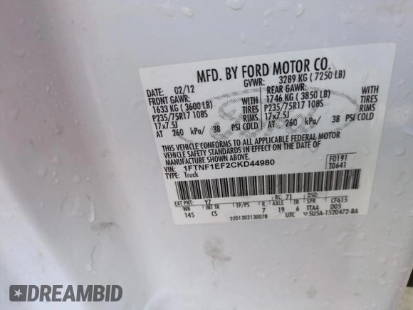 2012 Ford F-150 XL with VIN 1FTNF1EF2CKD44980, listed as a Copart auction lot 45500845 with 252,474 mi miles and Salvage title. Bid and sale history available at DreamBid. Image 12.