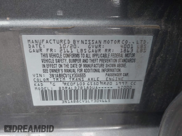 2020 Nissan Sentra SV with VIN 3N1AB8CV1LY304665, listed as a IAAI auction lot 41901622 with 34,327 mi miles. Bid and sale history available at carsss.com. Image 9.