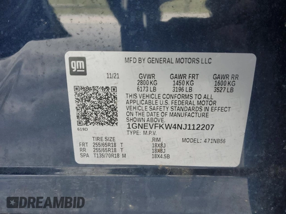 2022 Chevrolet Traverse LS with VIN 1GNEVFKW4NJ112207, listed as a Copart auction lot 47103345 with 14,666 mi miles and Salvage Title. Bid and sale history available at carsss.com. Image 13.