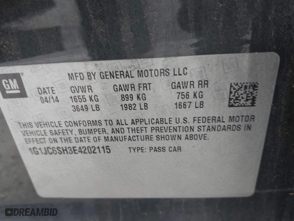 2014 Chevrolet Sonic LT with VIN 1G1JC6SH3E4202115, listed as a IAAI auction lot 41893680 with 171,778 mi miles. Bid and sale history available at carsss.com. Image 9.