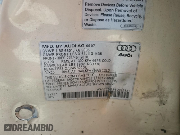 2008 Audi Q7 Premium with VIN WA1BY74L88D023331, listed as a Copart auction lot 59748175 with 129,599 mi miles and Salvage title. Bid and sale history available at DreamBid. Image 13.