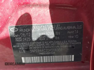 2013 Hyundai Sonata GLS with VIN 5NPEB4AC2DH556951, listed as a IAAI auction lot 41986332 with 125,806 mi miles and . Bid and sale history available at carsss.com. Image 9.