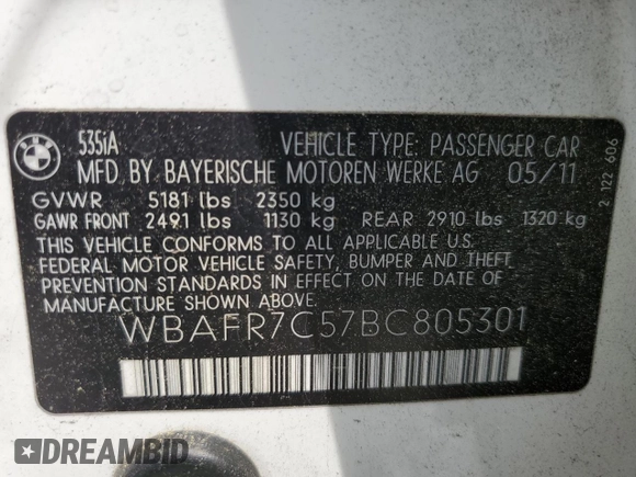 2011 BMW 5 Series 535i with VIN WBAFR7C57BC805301, listed as a Copart auction lot 55232825 with 215,524 mi miles and Clean Title. Bid and sale history available at carsss.com. Image 12.