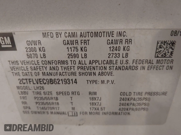 2011 GMC Terrain SLT-1 with VIN 2CTFLVEC9B6219314, listed as a IAAI auction lot 41512075 with 102,199 mi miles and . Bid and sale history available at DreamBid. Image 9.