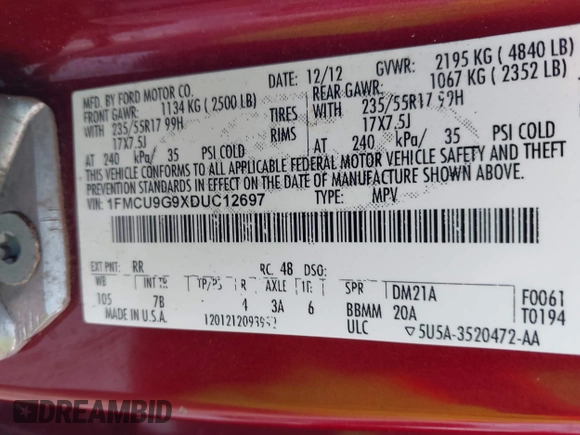 2013 Ford Escape SE with VIN 1FMCU9G9XDUC12697, listed as a IAAI auction lot 42197774 with 174,263 mi miles and . Bid and sale history available at DreamBid. Image 9.