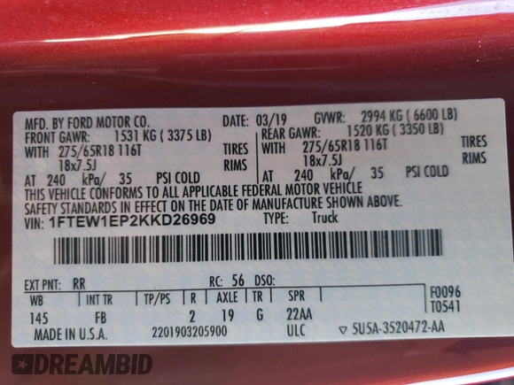 2019 Ford F-150 XL with VIN 1FTEW1EP2KKD26969, listed as a Copart auction lot 46751235 with 133,712 mi miles and Salvage Title. Bid and sale history available at carsss.com. Image 14.