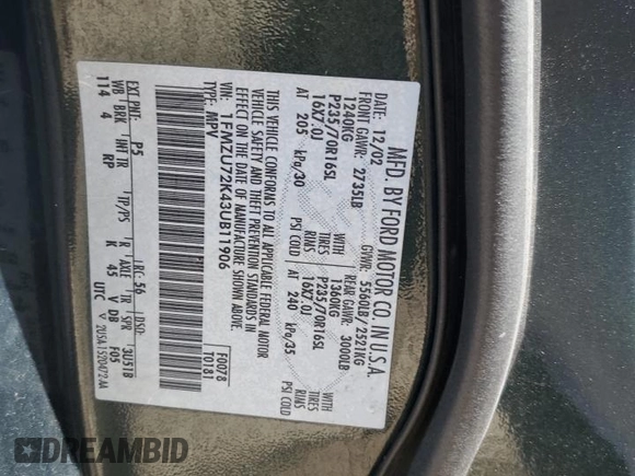 2003 Ford Explorer XLS с VIN 1FMZU72K43UB11906, выставлен на аукционе Copart как лот 61812065 с пробегом 190 672 миль миль и Списание • Salvage title. История ставок и продаж доступна на DreamBid. Изображение 13.