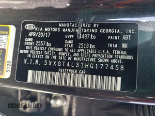 2017 Kia Optima LX with VIN 5XXGT4L31HG177458, listed as a Copart auction lot 53980795 with 53,940 mi miles and Salvage title. Bid and sale history available at DreamBid. Image 12.