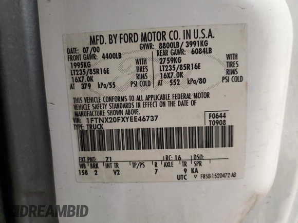2000 Ford F-250 XL с VIN 1FTNX20FXYEE46737, выставлен на аукционе Copart как лот 47289065 с пробегом 278 030 миль миль и Списание • Salvage title. История ставок и продаж доступна на DreamBid. Изображение 12.