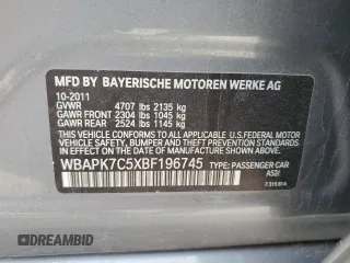 2011 BMW 3 Series 328i xDrive with VIN WBAPK7C5XBF196745, listed as a Copart auction lot 51811985 with 0 mi miles and Salvage Title. Bid and sale history available at carsss.com. Image 12.