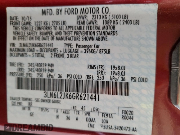 2016 Lincoln MKZ with VIN 3LN6L2JK6GR621441, listed as a Copart auction lot 51099705 with 94,848 mi miles and Salvage title. Bid and sale history available at DreamBid. Image 14.