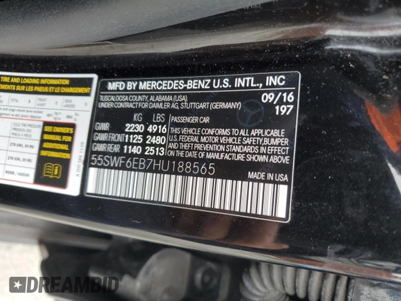 2017 Mercedes-Benz C 43 AMG with VIN 55SWF6EB7HU188565, listed as a Copart auction lot 87072524 with Not Provided miles and Salvage Title. Bid and sale history available at DreamBid. Image 14.