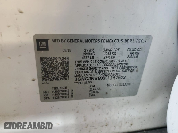 2019 Chevrolet Trax LS with VIN 3GNCJNSBXKL157523, listed as a Copart auction lot 47164505 with 52,560 mi miles and Salvage Title. Bid and sale history available at carsss.com. Image 14.