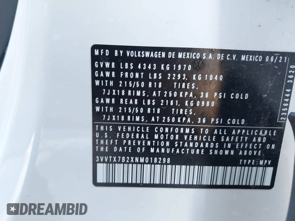 2022 Volkswagen Taos SE z VIN 3VVTX7B2XNM018298, wystawiony jako IAAI lot #42066332 z przebiegiem 36 025 mil mil oraz . Historia ofert i sprzedaży dostępna na DreamBid. Obrazek 9.