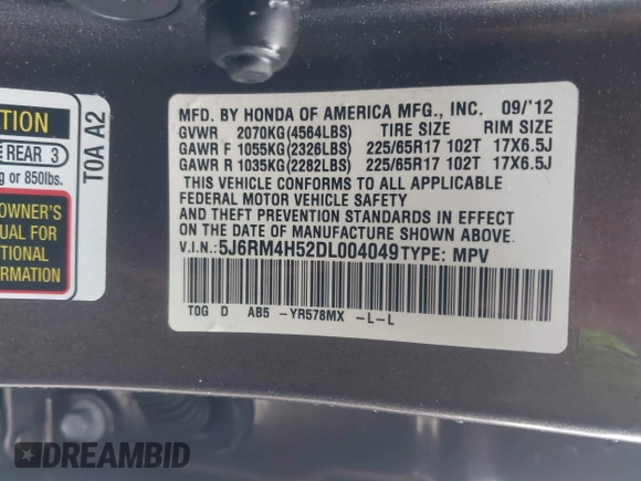 2013 Honda CR-V EX with VIN 5J6RM4H52DL004049, listed as a IAAI auction lot 42018476 with 197,334 mi miles. Bid and sale history available at carsss.com. Image 9.