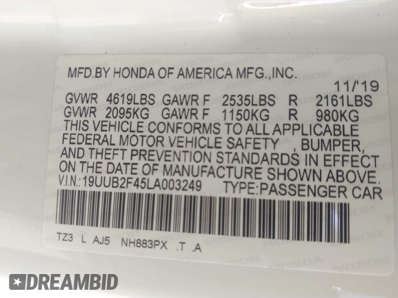 2020 Acura TLX w/Technology Pkg with VIN 19UUB2F45LA003249, listed as a IAAI auction lot 41730734 with 43,236 mi miles. Bid and sale history available at carsss.com. Image 9.