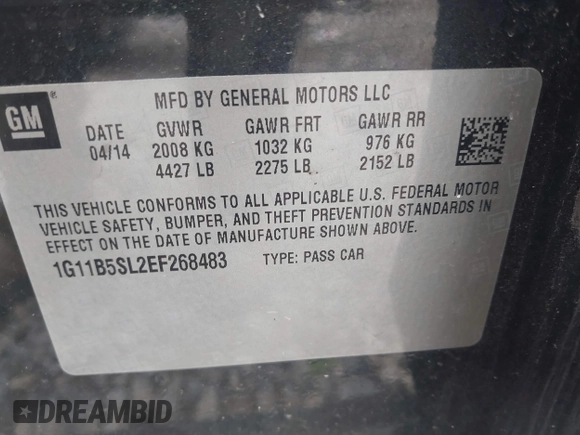2014 Chevrolet Malibu LS with VIN 1G11B5SL2EF268483, listed as a IAAI auction lot 42172593 with 165,889 mi miles and . Bid and sale history available at DreamBid. Image 9.