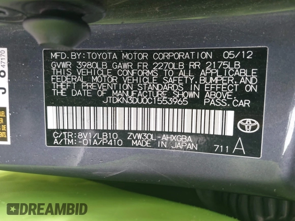 2012 Toyota Prius One with VIN JTDKN3DU0C1553965, listed as a IAAI auction lot 42099307 with 210,969 mi miles and . Bid and sale history available at DreamBid. Image 9.