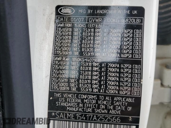 2007 Land Rover Range Rover HSE z VIN SALME15417A252566, wystawiony jako Copart lot #59054625 z przebiegiem 282 881 mil mil oraz Szkoda całkowita • Salvage title. Historia ofert i sprzedaży dostępna na DreamBid. Obrazek 12.