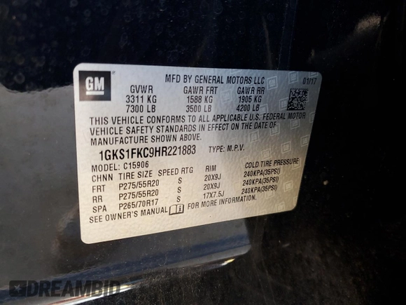 2017 GMC Yukon XL SLE with VIN 1GKS1FKC9HR221883, listed as a Copart auction lot 81000144 with 93,494 mi miles and Clean Title. Bid and sale history available at carsss.com. Image 12.