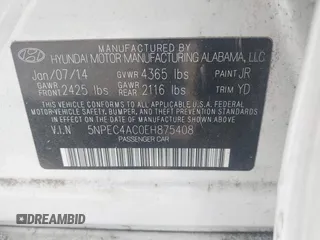 2014 Hyundai Sonata SE with VIN 5NPEC4AC0EH875408, listed as a IAAI auction lot 41913833 with 87,001 mi miles and . Bid and sale history available at DreamBid. Image 9.