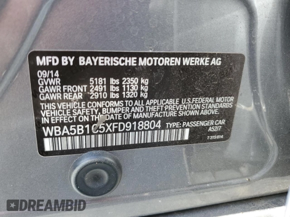 2015 BMW 5 Series 535i with VIN WBA5B1C5XFD918804, listed as a Copart auction lot 49119655 with 44,328 mi miles and Salvage Title. Bid and sale history available at carsss.com. Image 12.
