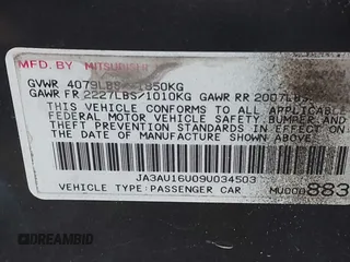 2009 Mitsubishi Lancer DE with VIN JA3AU16U09U034503, listed as a IAAI auction lot 41522912 with 177,526 mi miles. Bid and sale history available at carsss.com. Image 9.