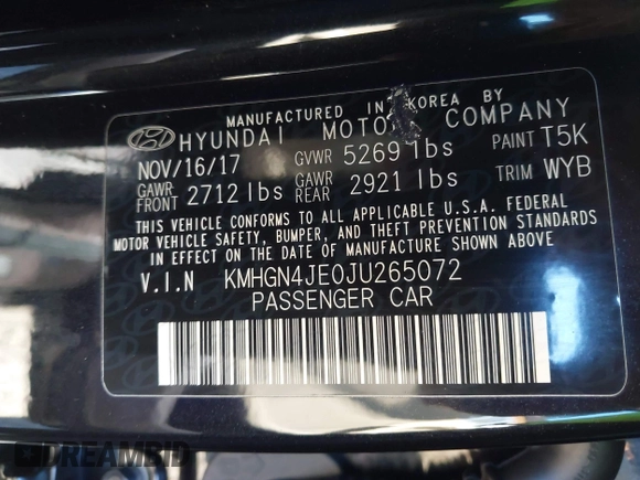 2018 Genesis G80 3.8L with VIN KMHGN4JE0JU265072, listed as a IAAI auction lot 41596549 with 121,502 mi miles. Bid and sale history available at carsss.com. Image 9.