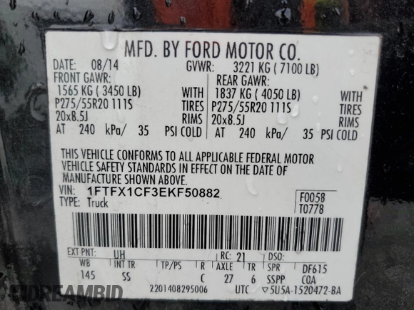 2014 Ford F-150 XL with VIN 1FTFX1CF3EKF50882, listed as a Copart auction lot 50326385 with 168,780 mi miles and Salvage Title. Bid and sale history available at carsss.com. Image 12.