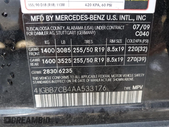 2010 Mercedes-Benz M 550 with VIN 4JGBB7CB4AA533176, listed as a Copart auction lot 49954325 with 165,620 mi miles and Salvage Title. Bid and sale history available at DreamBid. Image 13.