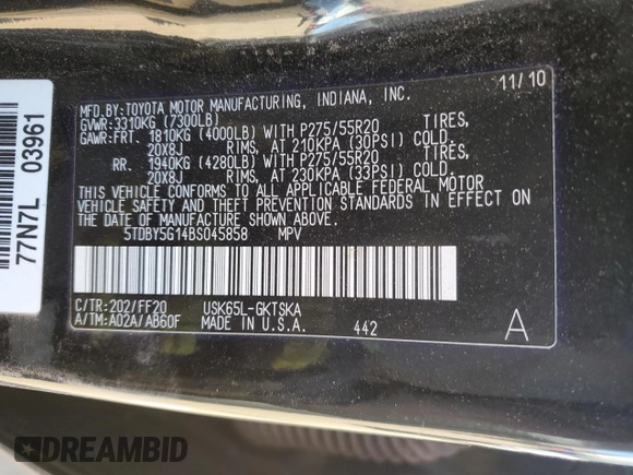2011 Toyota Sequoia SR5 with VIN 5TDBY5G14BS045858, listed as a Copart auction lot 43820755 with 191,424 mi miles and Salvage Title. Bid and sale history available at carsss.com. Image 13.