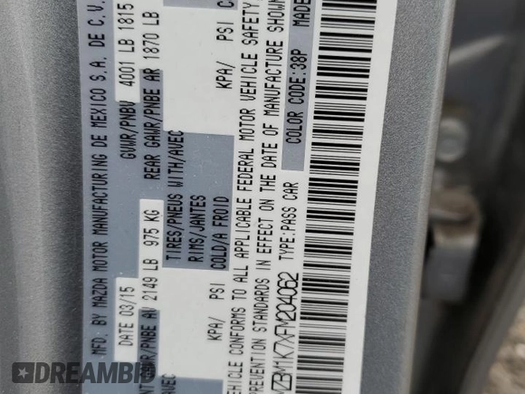 2015 Mazda 3 i Sport with VIN 3MZBM1K7XFM204062, listed as a Copart auction lot 54017735 with 89,110 mi miles and Salvage Title. Bid and sale history available at DreamBid. Image 12.