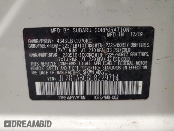 2020 Subaru Crosstrek с VIN JF2GTABC6L8229714, выставлен на аукционе Copart как лот 56453695 с пробегом 46 136 миль миль и Списание • Salvage title. История ставок и продаж доступна на DreamBid. Изображение 14.