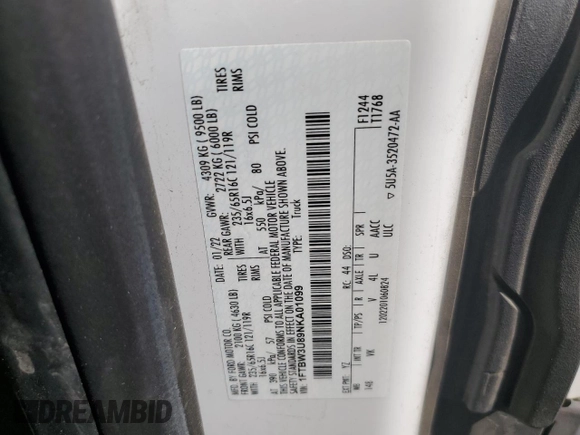 2022 Ford Transit Cargo с VIN 1FTBW3U89NKA01099, выставлен на аукционе Copart как лот 60537495 с пробегом 112 471 миль миль и Чистый • Clean title. История ставок и продаж доступна на DreamBid. Изображение 12.