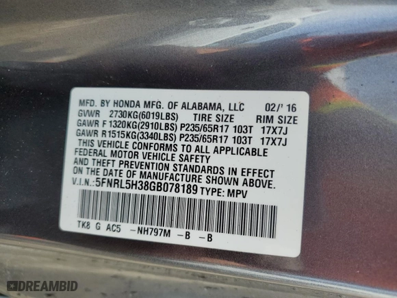 2016 Honda Odyssey SE with VIN 5FNRL5H38GB078189, listed as a Copart auction lot 52321365 with 94,662 mi miles and Salvage Title. Bid and sale history available at carsss.com. Image 14.