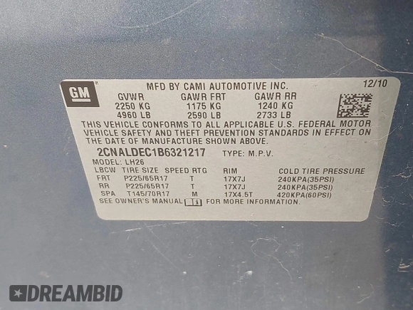 2011 Chevrolet Equinox 1LT with VIN 2CNALDEC1B6321217, listed as a IAAI auction lot 41535890 with 195,106 mi miles and . Bid and sale history available at DreamBid. Image 9.