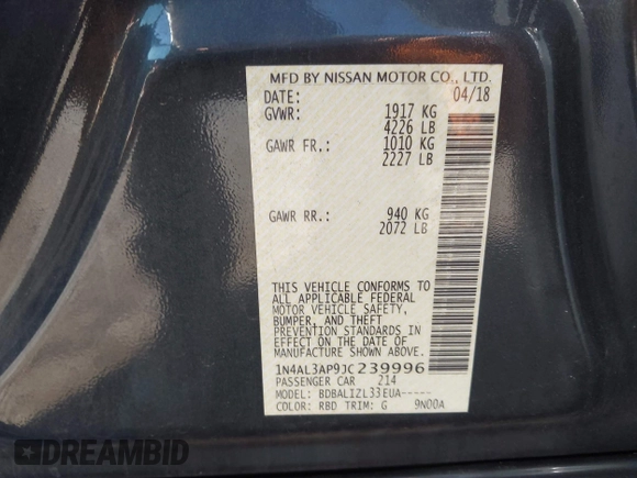2018 Nissan Altima SR with VIN 1N4AL3AP9JC239996, listed as a IAAI auction lot 41822378 with 118,690 mi miles and . Bid and sale history available at carsss.com. Image 9.
