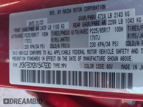 2022 Mazda CX-5 2.5 S Preferred Package with VIN JM3KFBCM2N1547930, listed as a IAAI auction lot 41325374 with 53,004 mi miles. Bid and sale history available at carsss.com. Image 9.