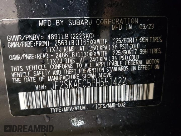 2023 Subaru Forester Premium with VIN JF2SKAEC5PH551422, listed as a Copart auction lot 53494605 with 13,288 mi miles and Salvage Title. Bid and sale history available at carsss.com. Image 14.
