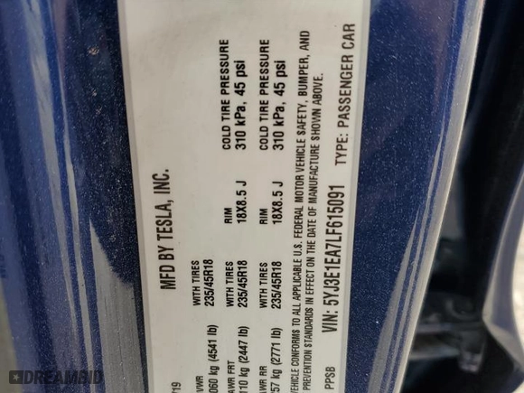 2020 Tesla Model 3 Standard Range Plus with VIN 5YJ3E1EA7LF615091, listed as a Copart auction lot 43582555 with NaN miles and Clean Title. Bid and sale history available at carsss.com. Image 12.
