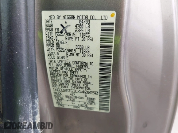 2003 Nissan Frontier XE с VIN 1N6DD26T63C440050, выставлен на аукционе IAAI как лот 42360580 с пробегом 257 982 миль миль и . История ставок и продаж доступна на DreamBid. Изображение 9.